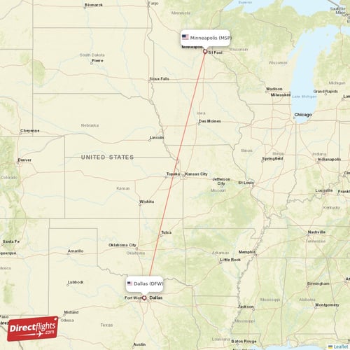 Minneapolis - Dallas direct flight map