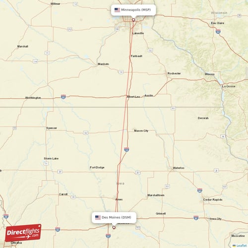 Minneapolis - Des Moines direct flight map