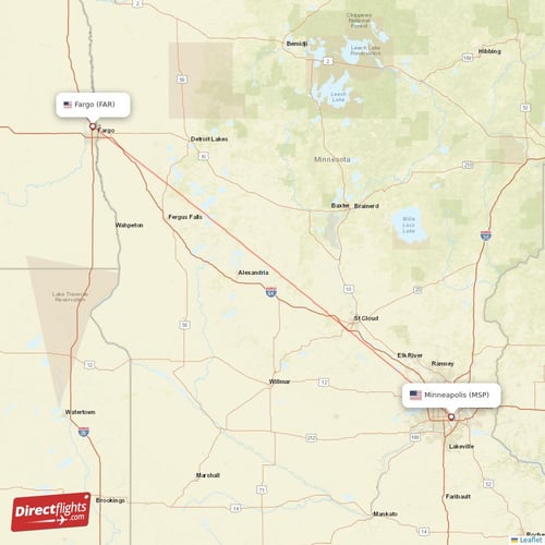 Minneapolis - Fargo direct flight map