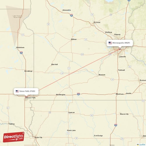Minneapolis - Sioux Falls direct flight map