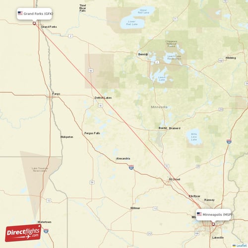 Minneapolis - Grand Forks direct flight map