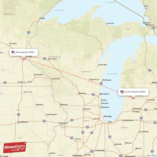 Minneapolis - Grand Rapids direct flight map