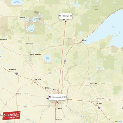 Minneapolis - Hibbing direct flight map