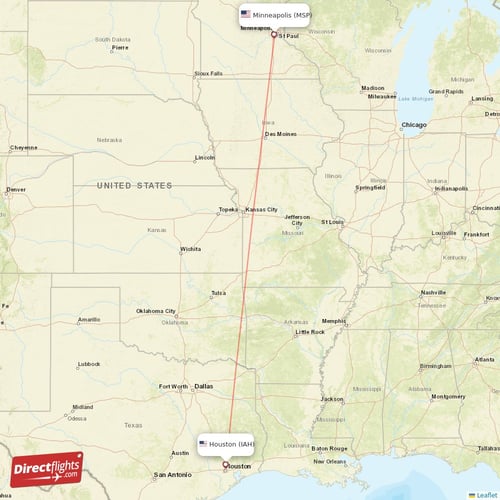 Minneapolis - Houston direct flight map