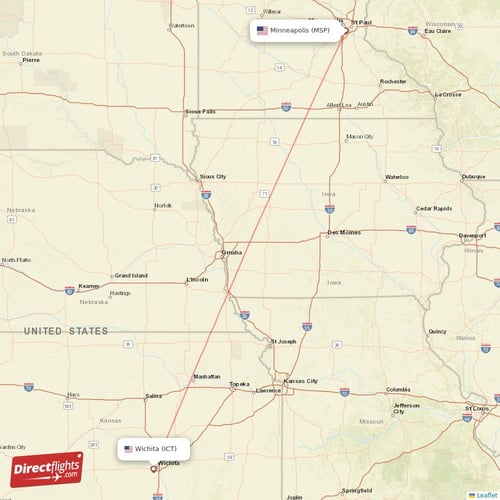 Minneapolis - Wichita direct flight map