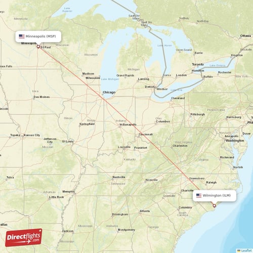Minneapolis - Wilmington direct flight map