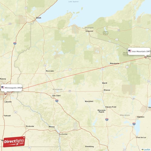 Minneapolis - Iron Mountain direct flight map