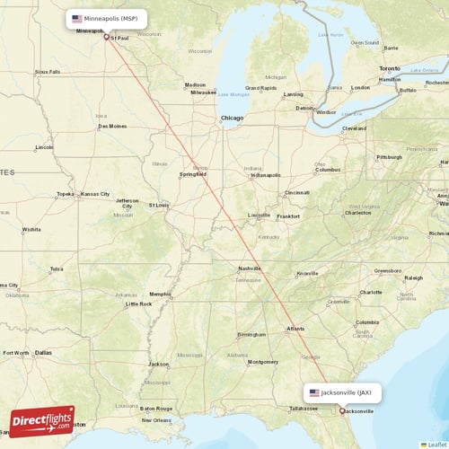 Minneapolis - Jacksonville direct flight map