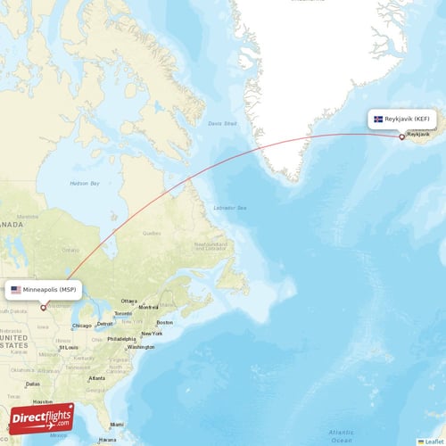 Minneapolis - Reykjavik direct flight map