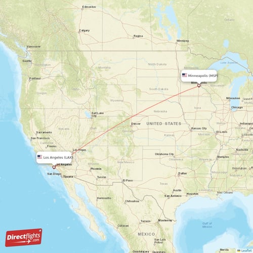 Minneapolis - Los Angeles direct flight map