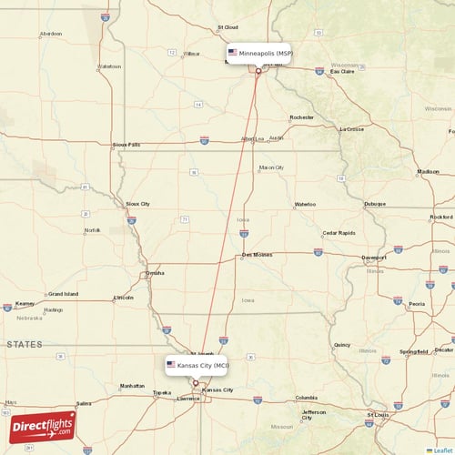 Minneapolis - Kansas City direct flight map
