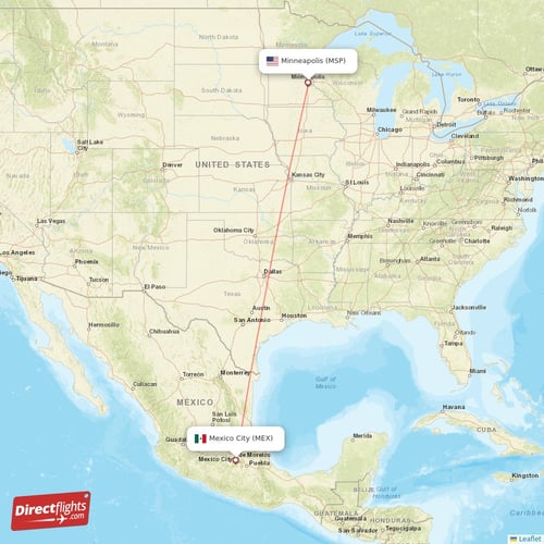 Minneapolis - Mexico City direct flight map