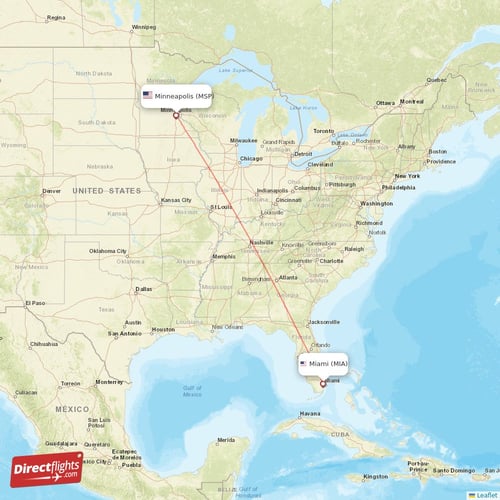 Minneapolis - Miami direct flight map