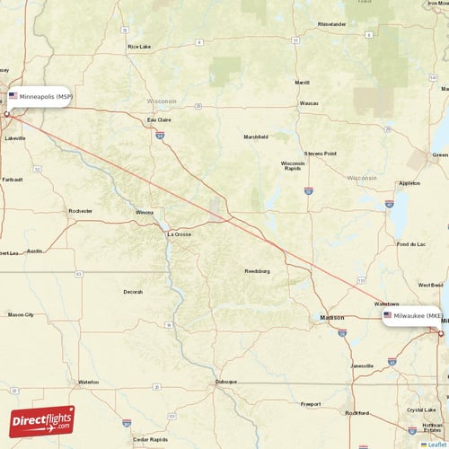 Minneapolis - Milwaukee direct flight map
