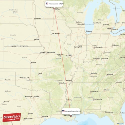 Minneapolis - New Orleans direct flight map