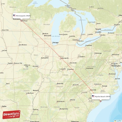 Minneapolis - Myrtle Beach direct flight map