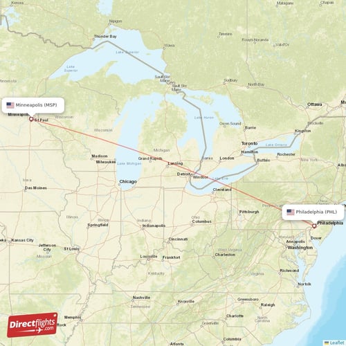 Minneapolis - Philadelphia direct flight map
