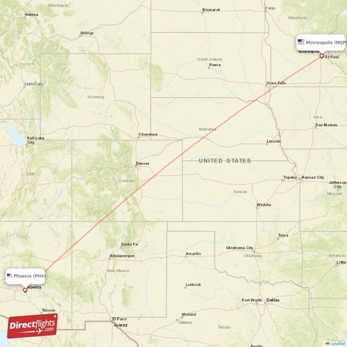 Minneapolis - Phoenix direct flight map
