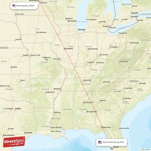 Minneapolis - Saint Petersburg direct flight map