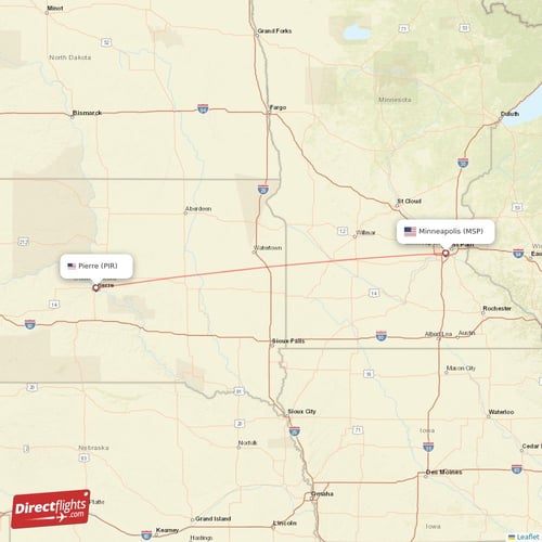 Minneapolis - Pierre direct flight map
