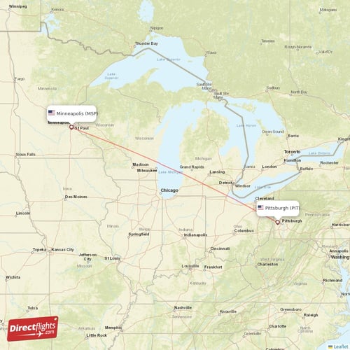 Minneapolis - Pittsburgh direct flight map