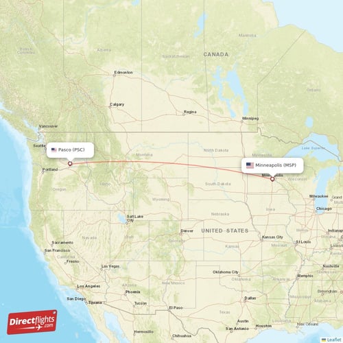 Minneapolis - Pasco direct flight map