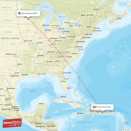 Minneapolis - Punta Cana direct flight map