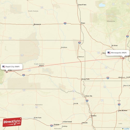 Minneapolis - Rapid City direct flight map