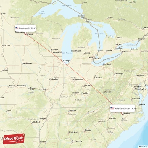 Minneapolis - Raleigh/Durham direct flight map