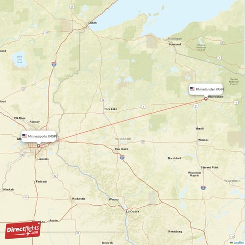 Minneapolis - Rhinelander direct flight map