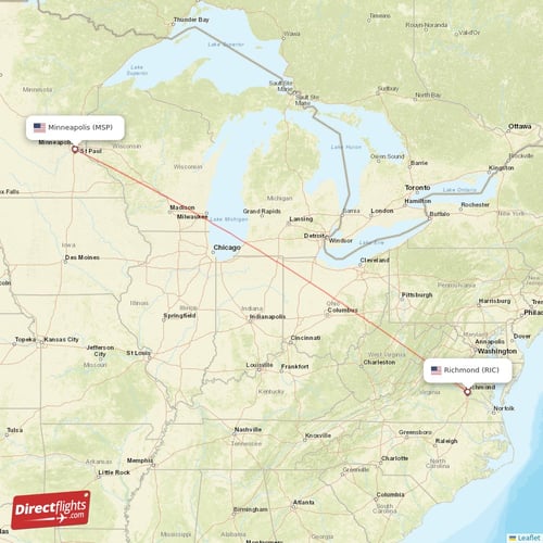 Minneapolis - Richmond direct flight map