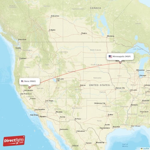 Minneapolis - Reno direct flight map