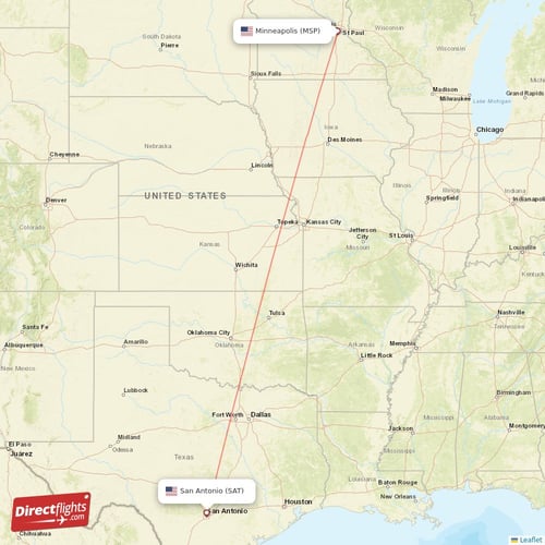 Minneapolis - San Antonio direct flight map