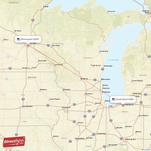 Minneapolis - South Bend direct flight map