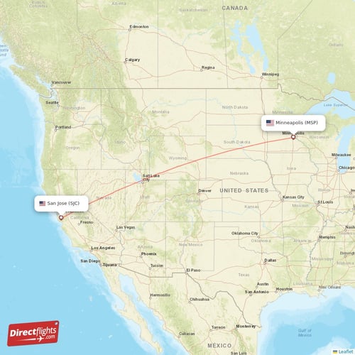Minneapolis - San Jose direct flight map