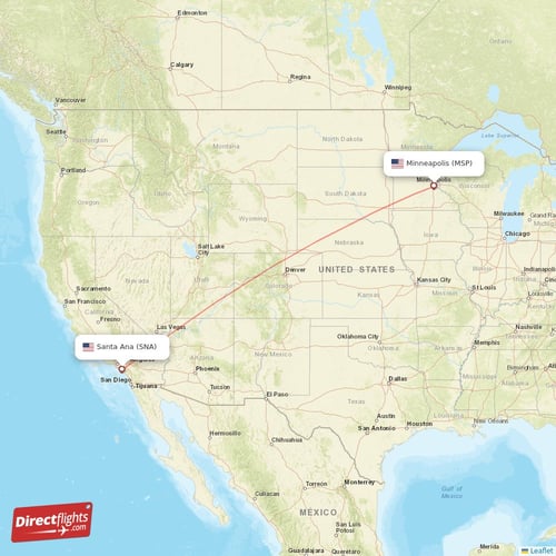 Minneapolis - Santa Ana direct flight map