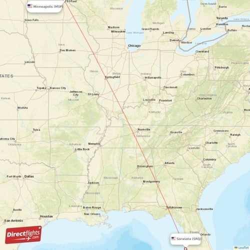 Minneapolis - Sarasota direct flight map