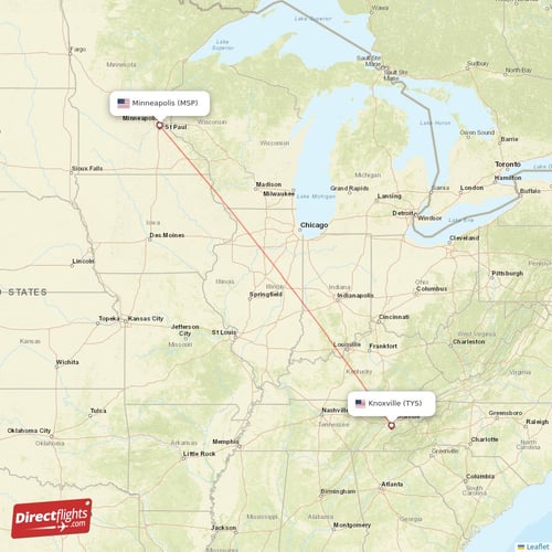 Minneapolis - Knoxville direct flight map