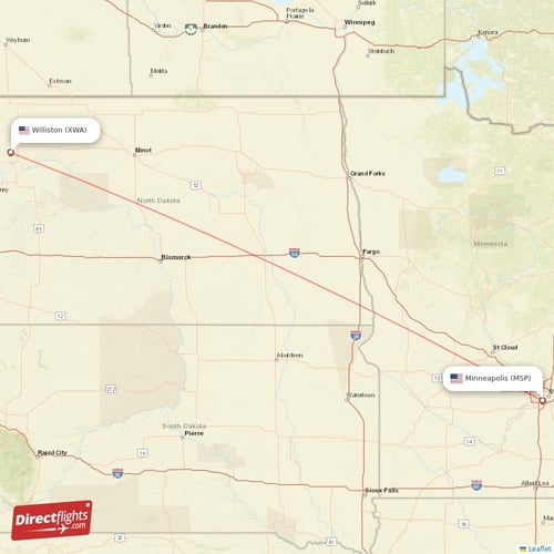 Minneapolis - Williston direct flight map