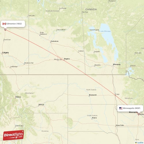 Minneapolis - Edmonton direct flight map