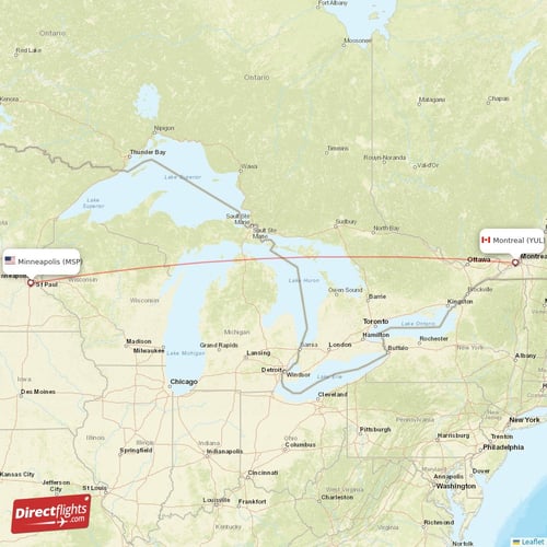 Minneapolis - Montreal direct flight map