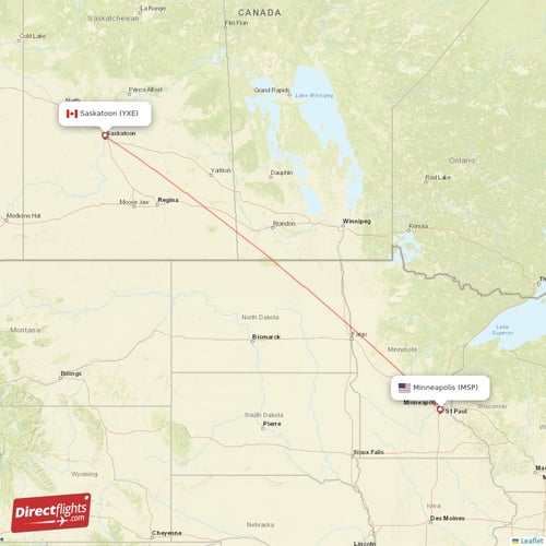 Minneapolis - Saskatoon direct flight map