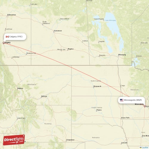 Minneapolis - Calgary direct flight map