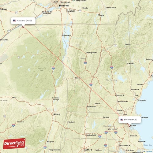 Massena - Boston direct flight map