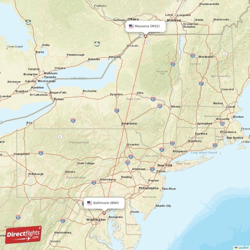 Massena - Baltimore direct flight map