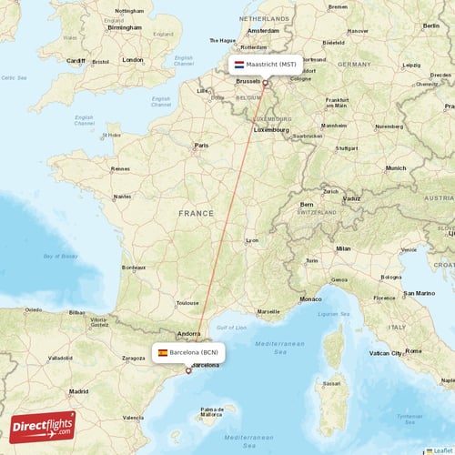 Maastricht - Barcelona direct flight map