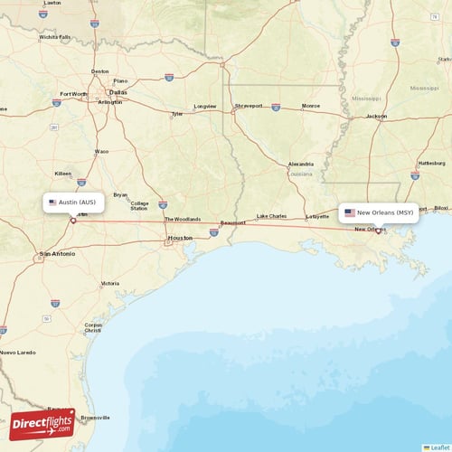 New Orleans - Austin direct flight map