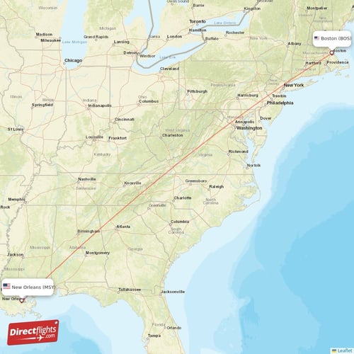 New Orleans - Boston direct flight map