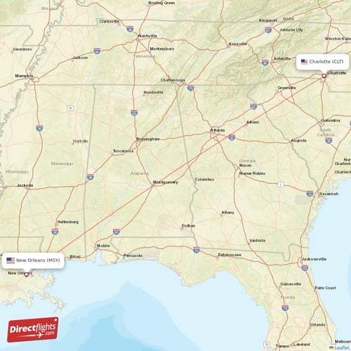 New Orleans - Charlotte direct flight map