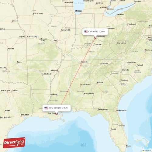New Orleans - Cincinnati direct flight map